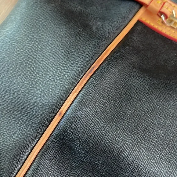 DOONEY & BOURKE Black and Tan Pebbled Leather Tassel Zip Top Tote Handbag